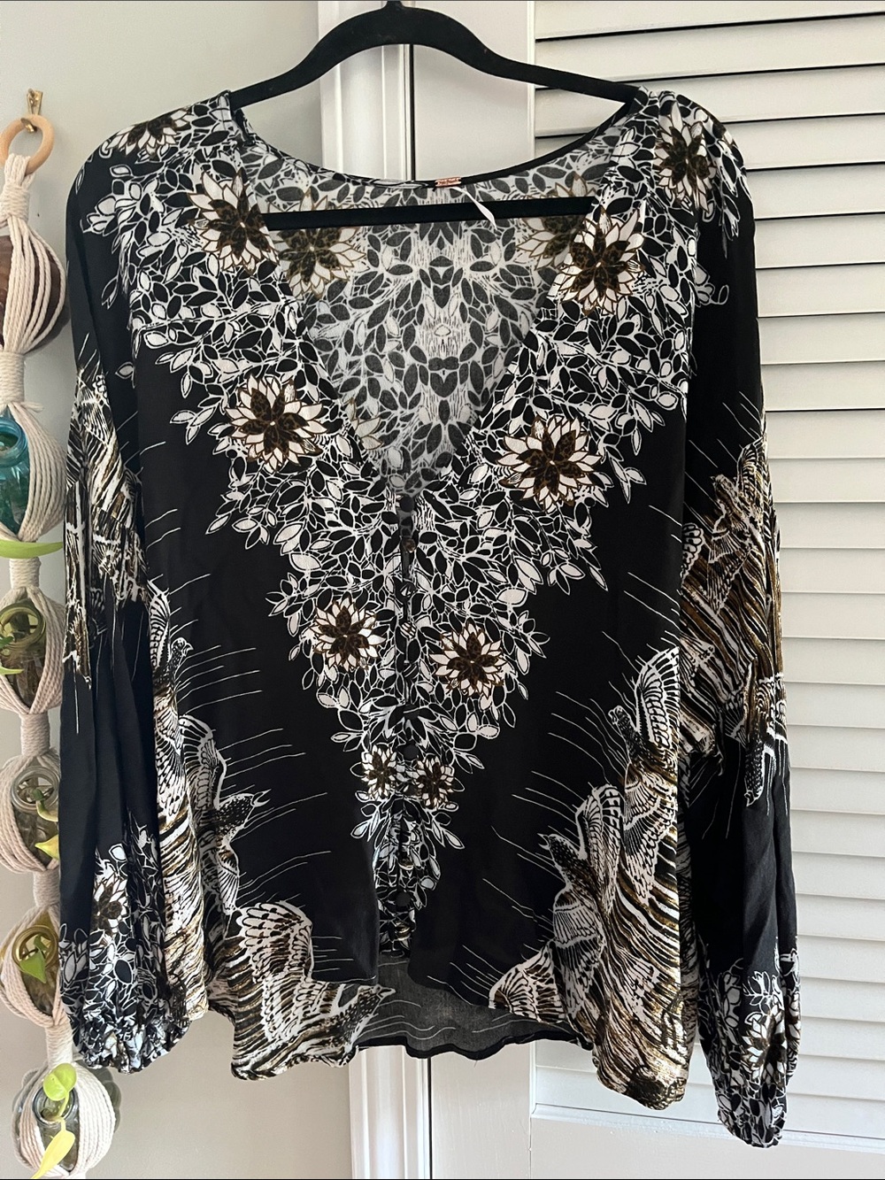 Free People Black Floral V-Neck Blouse—Birds of a Feather
